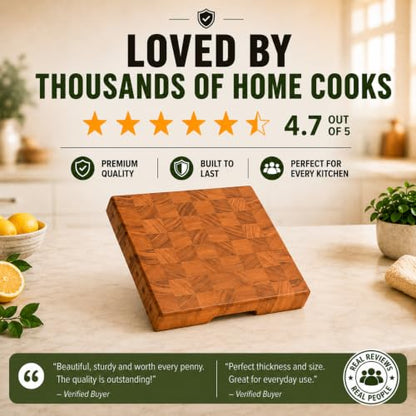 SHUMARU Mahogany End Grain Cutting Board 12.6×12.6×2 in with Holder – Handmade Checkered Butcher Block, Knife-Friendly, Non-Slip Feet, Ergonomic Handles - color: Mahogany | End Grain, size: 12.6"L x 12.6"W x 2"T