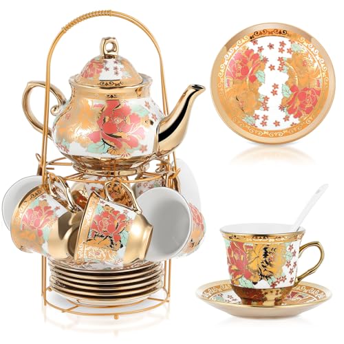 Zhehao 20 Pcs Porcelain Tea Set with Metal Holder and Spoon Adult Ceramic Tea Set European Flower Painting Teapot Cup Saucer Spoon for Women Mom Gift, Large Version (Stylish Style) - color: Stylish Style