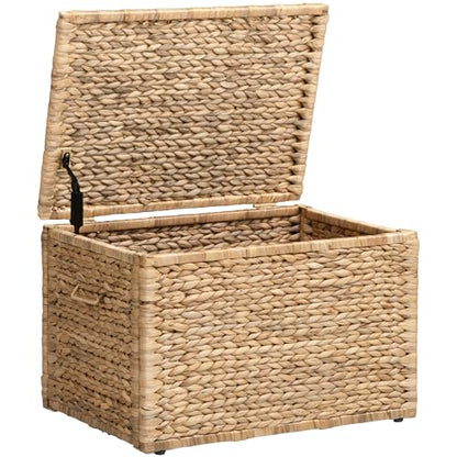 Storage Trunk with Metal Frame, Natural, 23.3 by 16.5 by 15.2 Inches | Safety Hinge, Heavy-duty Wicker Chest, Handwoven Water Hyacinth - color: Natural (Hyacinth), size: 23.3" x 16.5"