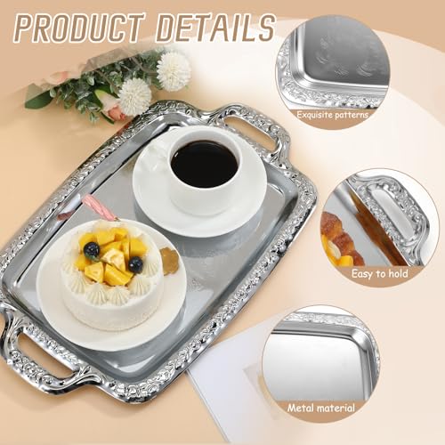 STOBAZA Silver Serving Tray with Handles, 15.3-Inch Metal Coffee Table Tray Butler Plate for Breakfast in Bed