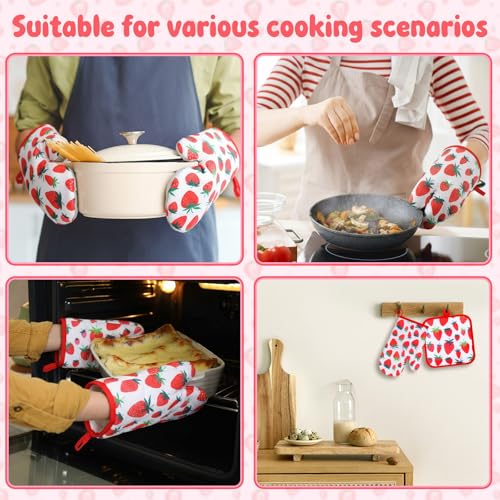 4 Pcs Oven Mitts and Pot Holders Cute Strawberry Oven Gloves and Pot Holders Non Slip Heat Resistant Ovens Mitts for Cooking Baking Accessories Fruit Themed Kitchen Linens, 6"x12"