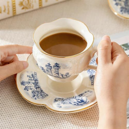 KAMMAK Tea Cups and Saucers Set of 2, 8 oz Porcelain Coffee Cups, SY001 | Stackable Espresso Mugs, Ceramic Demitasse for Coffee, Cappuccino, Latte, Americano, Tea - size: 8CZSY001