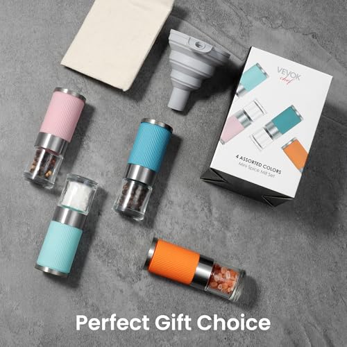 VEVOK CHEF Small Salt and Pepper Grinder 4Pcs Portable Mini Glass Salt Spices Grinder Ceramic Salt Black Pepper Shakers Tiny Pepper Mill Salt Grinder for Travel Lunch Box Kitchen Gift - color: colorful