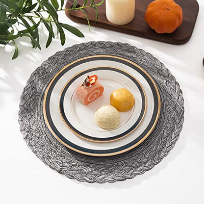 SHACOS Round Placemats Set of 6 Woven Round Table Mats 15 inch Braided Border Washable Cotton Polyester Circle Place Mats, Gray (Pack of 2) - color: Gray, size: 6 pieces (Pack of 2)
