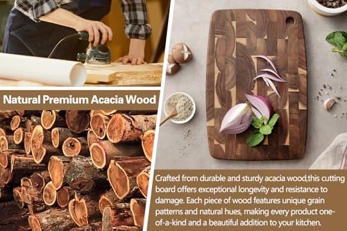 XINZUO Small Acacia Wood End-Grain Kitchen Cutting and Serving Board, for Kitchen, 14" x 9" Reversible Wooden Chopping Board for Meat, Cheese, Fruit & Vegetables,Easy to Clean(Rectangular) - size: 14.1"L x 9.4"W