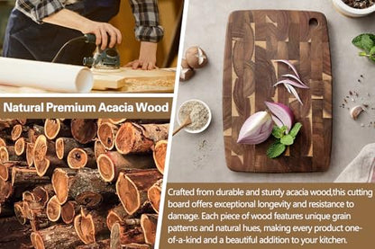 XINZUO Small Acacia Wood End-Grain Kitchen Cutting and Serving Board, for Kitchen, 14" x 9" Reversible Wooden Chopping Board for Meat, Cheese, Fruit & Vegetables,Easy to Clean(Rectangular) - size: 14.1"L x 9.4"W