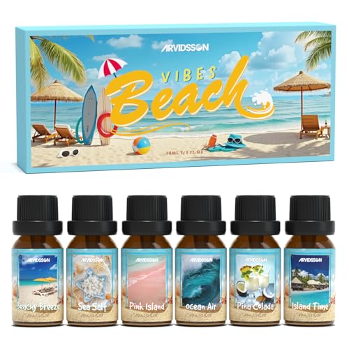 ARVIDSSON Beach Fragrance Oils Set, Summer Essential Oils for Diffuser - Beachy Breeze, Ocean Air, Pina Colada, Pink Sand, Sea Salt, Island Time, Tropical Scented Oil for Home, Candle Making - color: Dark Blue
