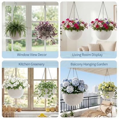 13.8 Inch Self Watering Hanging Planter, 2PCS Round Resin Hanging Basket for Indoor Outdoor Plants, Rattan Look Flower Pot with Drainage Plug, Deep Inner Pot and Sturdy Metal Triple-Chain Hanger - color: White