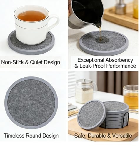 Absorbent Coasters for Drinks with Holder - 6packs, Silicone Coaster with Soft Felt Insert (4.3 inch Coasters with 4.5 inch Holder, Heathered Dark Gray) - color: Heathered Dark Gray