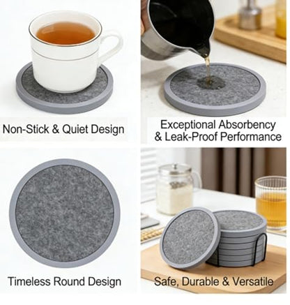 Absorbent Coasters for Drinks with Holder - 6packs, Silicone Coaster with Soft Felt Insert (4.3 inch Coasters with 4.5 inch Holder, Heathered Dark Gray) - color: Heathered Dark Gray