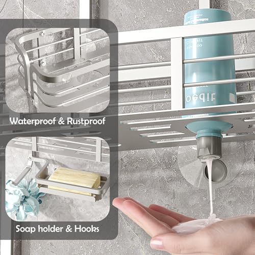Shower Caddy Hanging, Never Rust Aluminum Shower Organizer, Over Showerhead No Drilling Shower Racks, with Soap Holder Multi Hooks Bathroom Storage for Shampoo Sponge,Silvery - color: Silvery