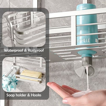 Shower Caddy Hanging, Never Rust Aluminum Shower Organizer, Over Showerhead No Drilling Shower Racks, with Soap Holder Multi Hooks Bathroom Storage for Shampoo Sponge,Silvery - color: Silvery