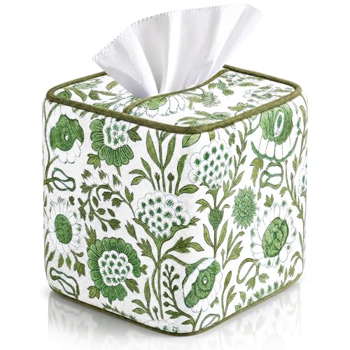 Lounsweer 1 Pack Block Print Tissue Box Cover Emerald Green 5" x 5" x 5.5" | Handmade Cotton Fabric Decorative Box Cover Square Boho Soft Napkin Holder for Home Office Cafe Car - color: Emerald Green, size: 4.72 x 4.72 x 5.43 Inches
