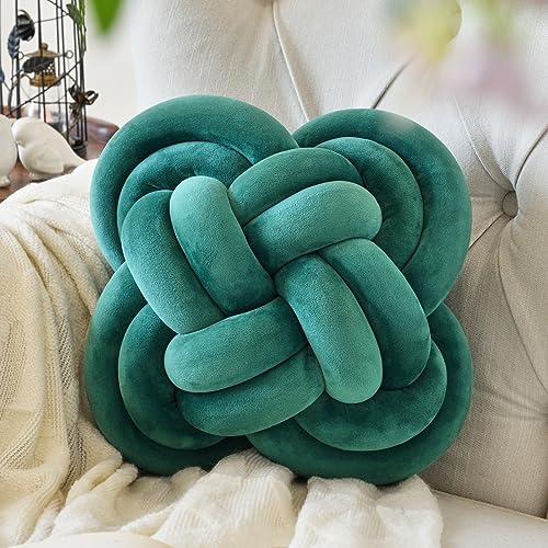 Knot Pillow Ball, 12" Decorative Throw Pillows for Couch Bed, Dark Green | Decor Knotted Square Floor Pillow Cushions with Velvet Fabric for Bedroom Living Room - color: Dark Green
