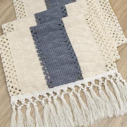 Table Runner 72 Inches Long, Blue and White Table Runner - Farmhouse Coastal Boho Macrame Dresser Runners for Bedroom, Dining & Coffee Table with Tassels - color: Blue, size: 72 inches