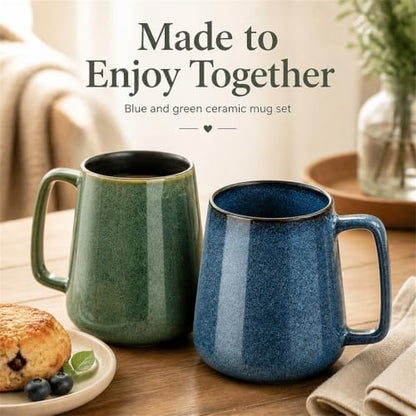 Extra Large Tall Coffee Mugs with Handle - Set of 2, 24 oz Ceramic, Dishwasher & Microwave Safe, Blue and Green - color: 24 oz-Blue&Green