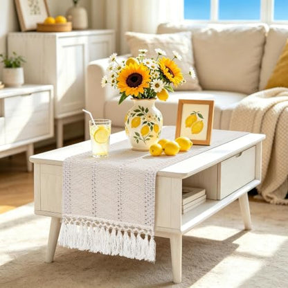 36" Boho Macrame Table Runner, Short Cream Coffee Runner, Nightstand - color: Beige, size: 36 inches