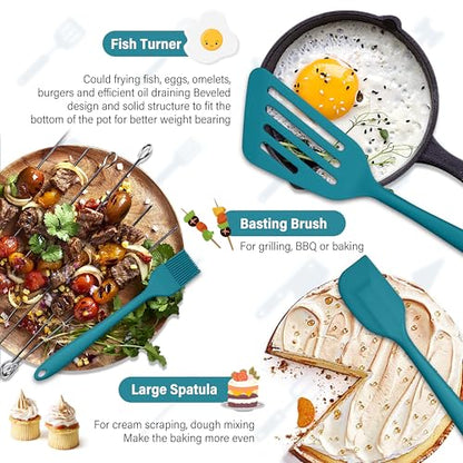 HaWare 11 PCS Silicone Cooking Utensils Set, Heat Resistant Kitchen Utensils with Holder, Food-grade Spatula Sets for Nonstick Cookware, Kitchen Tools Gadgets Include Fish Turner, Spoon (Blue) - color: Blue