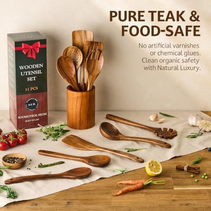 SOOMGYEOL SEOM 11-Piece Teak Wood Cooking Utensil Set with Holder | Natural Teak Wood, Uncoated, 10 Cooking Utensils & Holder, Nonstick Safe - size: 11 PCS Set