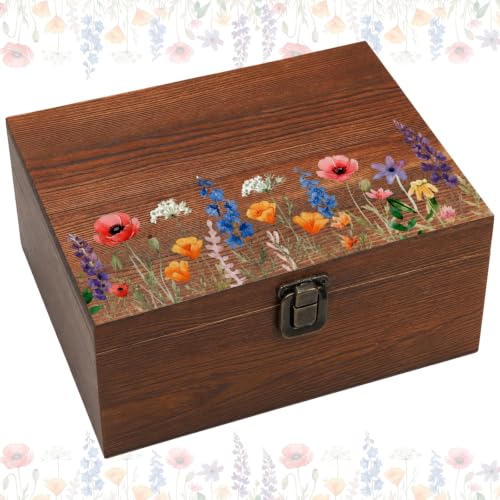 Gerrii Wedding Wooden Keepsake Box Wildflower Memory Box Wedding Baby Shower Decorative Storage Boxes with Buckle for Bridal Shower Birthday(Wildflower Mix,Brown,11.02 x 8.86 x 4.92 Inches) - color: Brown, size: 11.02 x 8.86 x 4.92 Inches, style: Wildflow
