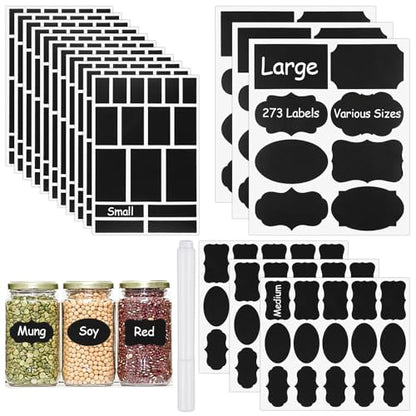 273 Pcs Labels for Jars, Waterproof Reusable Chalkboard Labels | for Food Containers, Bottles, Blackboard Stickers with 1 Erasable Chalk Marker (Black)