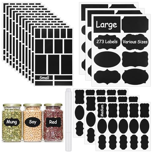 273 Pcs Labels for Jars, Waterproof Reusable Chalkboard Labels | for Food Containers, Bottles, Blackboard Stickers with 1 Erasable Chalk Marker (Black)
