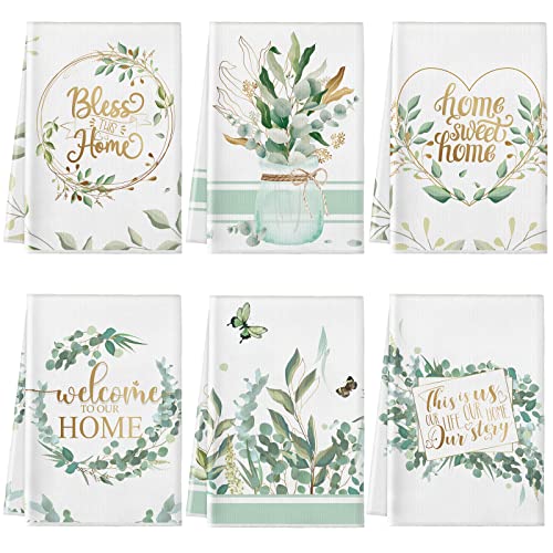 Redbaker 6 Pcs Eucalyptus Kitchen Towels Sage Green Farmhouse Dishcloth | Decorative Dish Cloths with Gold Quotes, Spring Kitchen Decor, Absorbent for Bathroom, Tea Towel Style, Housewarming Gifts - style: Eucalyptus Leaf