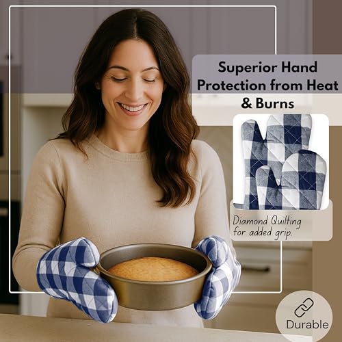Native Fab Buffalo Plaid Check Oven Mitts and Pot Holders Set of 4, 100% Cotton Heat Resistant Kitchen Gloves, 2 Oven Mitts (7x13), 2 Pot Holders (8x8) for Cooking & Baking, Navy White - color: Buffalo, Navy Blue