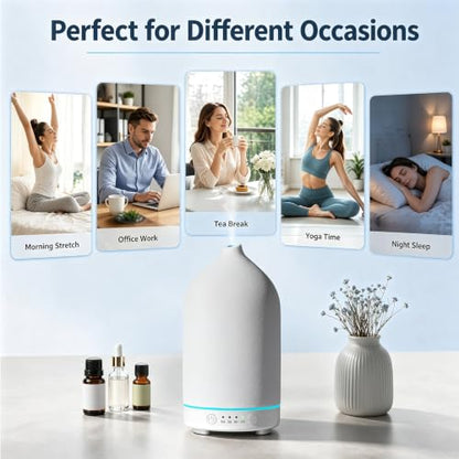 200ML Ceramic Essential Oil Diffuser for Home, Stone Diffuser | Ultrasonic Aromatherapy Diffuser & Air Humidifier for Bedroom, Office, Yoga, 7 LED Lights, Auto Shut-Off, 3 Timers, White - color: White