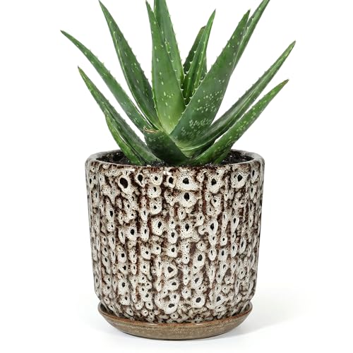 7.5 Inch Ceramic Planter Pot with Saucer Drainage Leak-Proof Mesh,Flower Pots for Indoor Plants with Gardening Gloves,Ceramic Planter(Spotted-White) - color: Spotted-white, size: 7.5 Inch