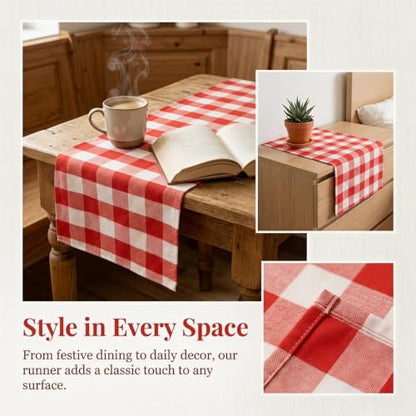 ShinyBeauty 4 Packs Checkered Table Runner 72 Inches Long Red and White | Christmas Buffalo Plaid Linen, Soft Cotton, for Farmhouse Thanksgiving Dining Tables Seating 4-6, 14 Inch Wide, Folded Hem - color: Red & White, size: 72''x13''x4PCS