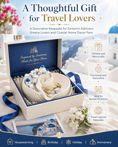 Santorini Catchall Bowl Seashell Key Tray Jewelry Dish Greek Island Decor Blue Dome Miniature Village Trinket Holder Coastal Entryway Table Decor 3D Printed PLA Material (1Pcs)