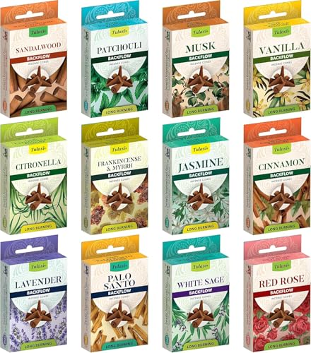 Backflow Incense Cones with Natural Oils, Scents Set of 12 Fragrances (120 Cones) Calming Home Aromatherapy, Yoga, Meditation, Relaxing, Mixed Scents with Natural Oils