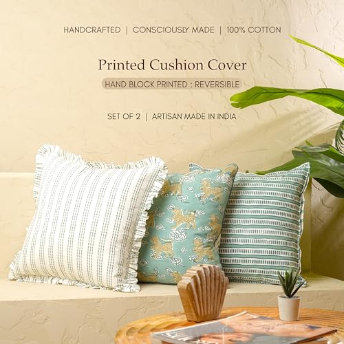 JBH Hand Block Print Reversible Throw Pillow Covers 18x18 Inch Set of 2 – Handmade Cotton Throw Pillow Cases (Sage Green, 18x18 Inch) - color: Sage Green