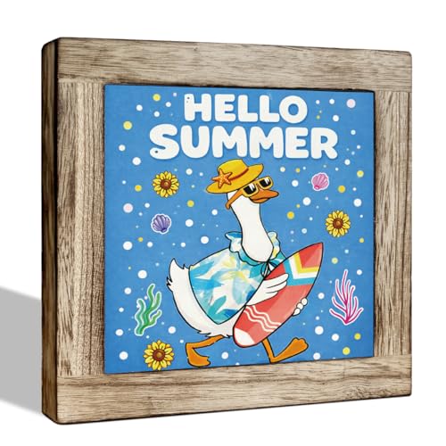 Hello Summer Wooden Sign, Rustic Garden Plaque, Funny Goose with Surfboard Seasonal Outdoor Yard Decor for Farmhouse Porch and Garden, 5.9x5.9 Inches - color: Summer 13