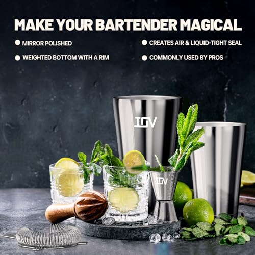 IOV Boston Cocktail Shaker Bar Set, Bartender Kit Drink Mixer Set with 18 oz & 28 oz Boston Shakers, Hawthorne Strainer, Double Jigger, Bar Tool Kit and Recipe Booklet - Silver - color: 3 Pcs - Silver