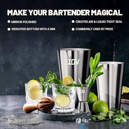 IOV Boston Cocktail Shaker Bar Set, Bartender Kit Drink Mixer Set with 18 oz & 28 oz Boston Shakers, Hawthorne Strainer, Double Jigger, Bar Tool Kit and Recipe Booklet - Silver - color: 3 Pcs - Silver