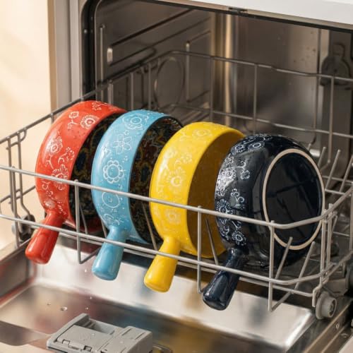 Boho Floral Ceramic Soup Bowls with Handles, 21oz Microwave Oven Safe Set of 4 for Stew, Pasta and Chili - color: Flower