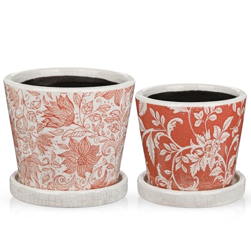 Set of 2 Ceramic Pink Orange Plant Pots with Drainage Hole and Saucers, Vintage Farmhouse Accent Planters for Indoor Plants, Round Flower Pots Rustic Succulent Pot Terracotta Tubs 5.7/4.7 Inch - color: Terracotta White