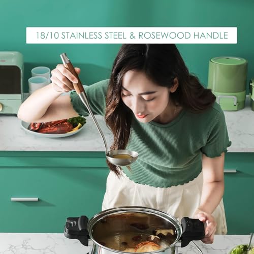 18/10 Stainless Steel Kitchen Utensils Set with RooseWood Handle | 15″ Metal Cooking Tools, 8-Pieces Cooking Spoons Set - Spatula, Ladle, Skimmer, Turner, Pasta, Solid Spoon, Slotted Spoon