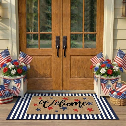 Tinideya 2 Pcs 4th of July Door Mat Outdoor Patriotic 250th Anniversary Welcome Doormat for Front Door Linen Rubber Layered USA Red White Blue Rug Nonslip Independence Day Decor for Porch Entryway - size: 16 x 28 Inch,24 x 35 Inch, style: Black and White