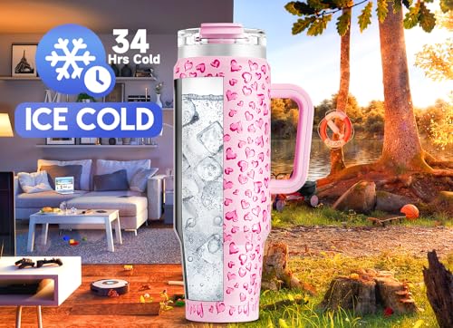 Meoky 40 oz Tumbler with Handle and Straw, Insulated Tumbler with Lid and Straw, Stainless Steel Travel Mug, Keeps Cold for 34 Hours, 100% Leak Proof, Fits in Car Cup Holder (Love) - color: Love, size: 40 Ounces