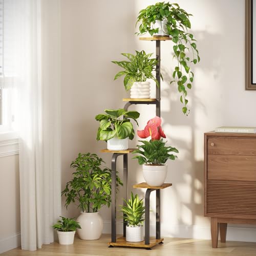 LASZOLA Plant Stand Shelf Tall for Indoor Corner Flower Rack, 5 Tier Brown | Modern Multiple Display with Wooden Tray, Metal Vertical Planter Holder for Living Room Bedroom Patio Garden Balcony - color: Solid Brown-Black, size: 5 Tier
