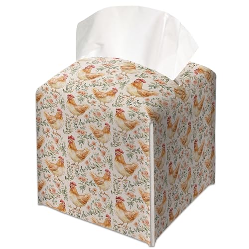 Cute Chicken with Flowers Decorative Leather Tissue Box Cover - Tissue Box Holder Gifts for Women Family and Friends Funny Unique Home Decor Decorative for Kids Room Kitchen Bathroom Office - A40 - color: Cute Chicken With Flowers