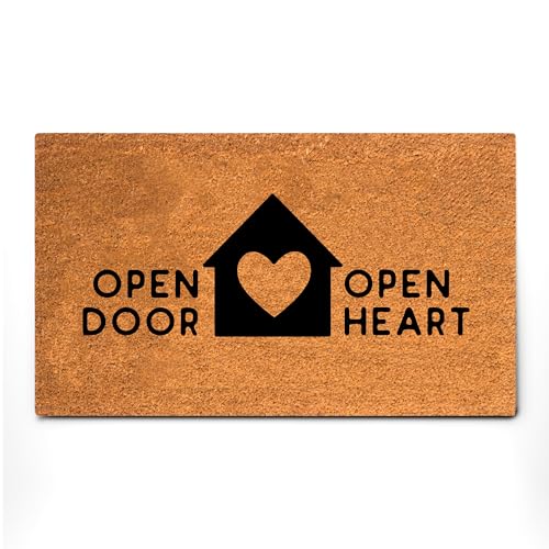 Coconut Coir Home Entrance Door Mat – 17.5" x 30" | Open Door Open Heart Heavy-Duty Doormat for Indoor & Outdoor Use | Durable & Eco-Friendly - color: Open Door Open Heart