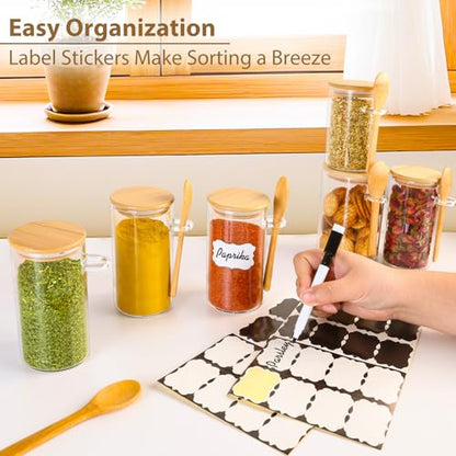 12 Pack 10 oz Round Glass Spice Jars with Lids and Spoons – Airtight Small Spice Containers Set with Labels, Clear Glass Storage Jars for Seasoning, Spices, Kitchen Pantry Organization - color: Round/10oz/12pcs/Spoon