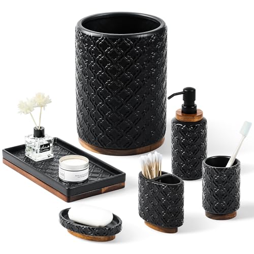 RQYIXI Ceramic 6-Piece Bathroom Accessories Set,Matte Black,with Trash Can | ceramic and wood embossed design with Trash Can modern countertop organization - color: Black, size: Embossed Textured-6-Piece