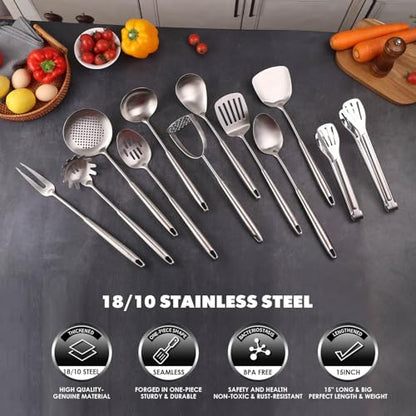 18/10 Stainless Steel Kitchen Utensils Set - 12 PCS All Metal Cooking Tools | 15″ Cooking Utensils - Potato Masher, Meat Fork, Tongs, Turner, Pasta, Serving Spoon, Skimmer, Ladle, Spatula Spoon Set - color: 12-Pieces