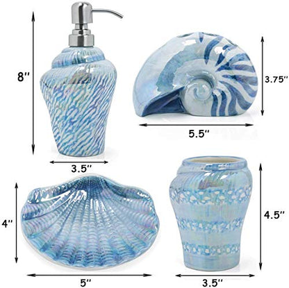 Ocean Conch Sea Shell Ceramic Bathroom Accessories Set of 4,1 Gargle Cups 1 Toothbrush Holders 1 Soap Dishes 1 Soap Dispenser (Blue) - color: Blue