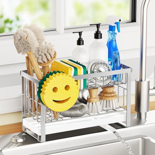 Sponge Holder for Kitchen Sink with Flexible Sink Caddy Smiley Face,2 Tier Kitchen Sink Organizer Countertop and Storage Essentials,Soap Dispenser Organize,Home Decor Accessories-Silver - color: 2 Tier Silver